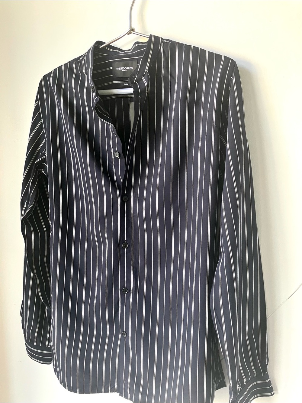 The Kooples navy button-up with White Pinstripes XS slim